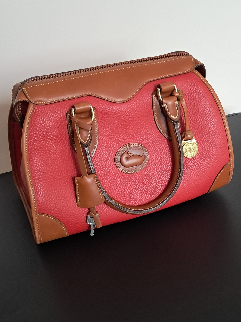 Red Pebbled Satchel with Brown Trim - Classic Designer Style